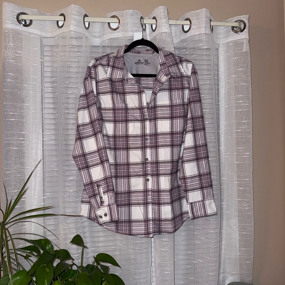 Plaid Button Down Shirt - Purple and White